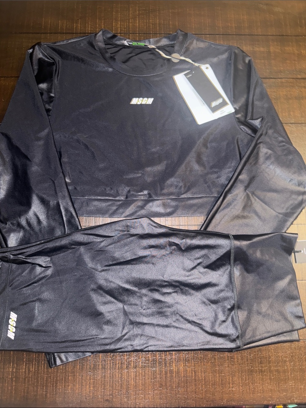 MSGM Shiny Black Long-Sleeve Crop Top and Leggings Set. 🔥SET!!